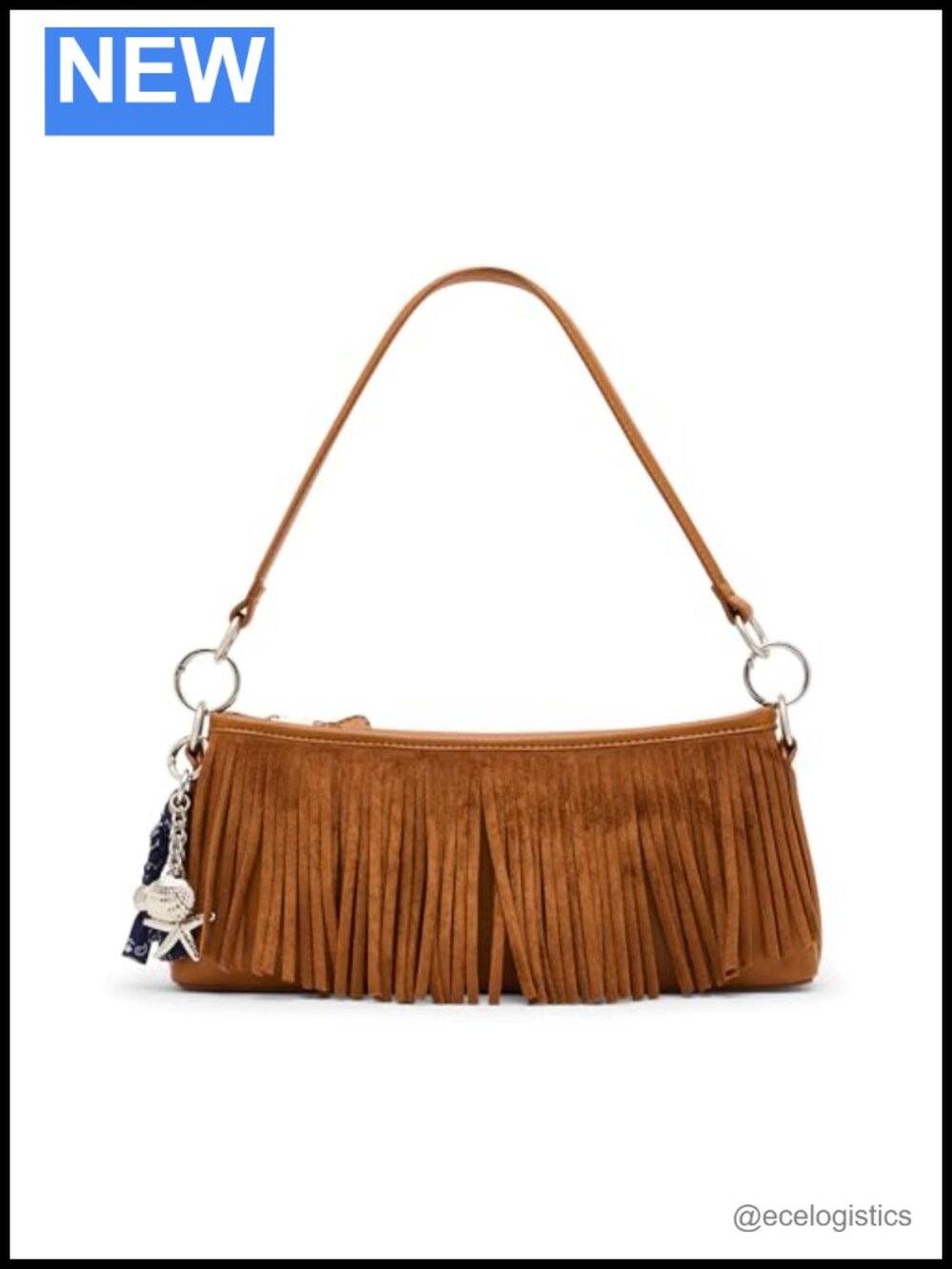 Faux Suede Fringe Shoulder Bag Satchel with Zip Closure